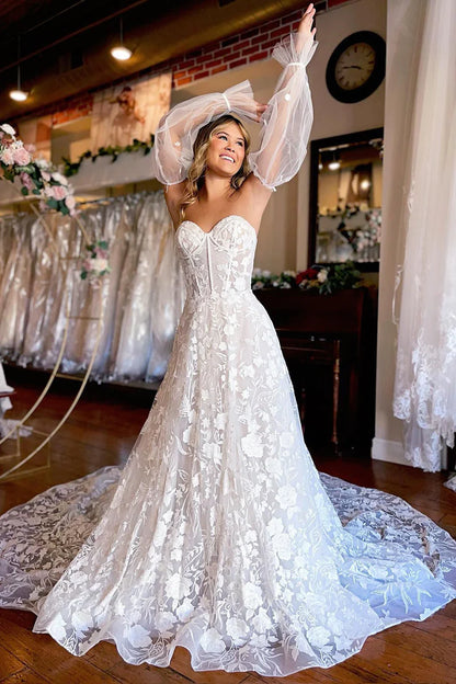 A-Line Ivory Sweetheart Corset Detachable Long Sleeves Long Lace Wedding Dress Court Train Dresses