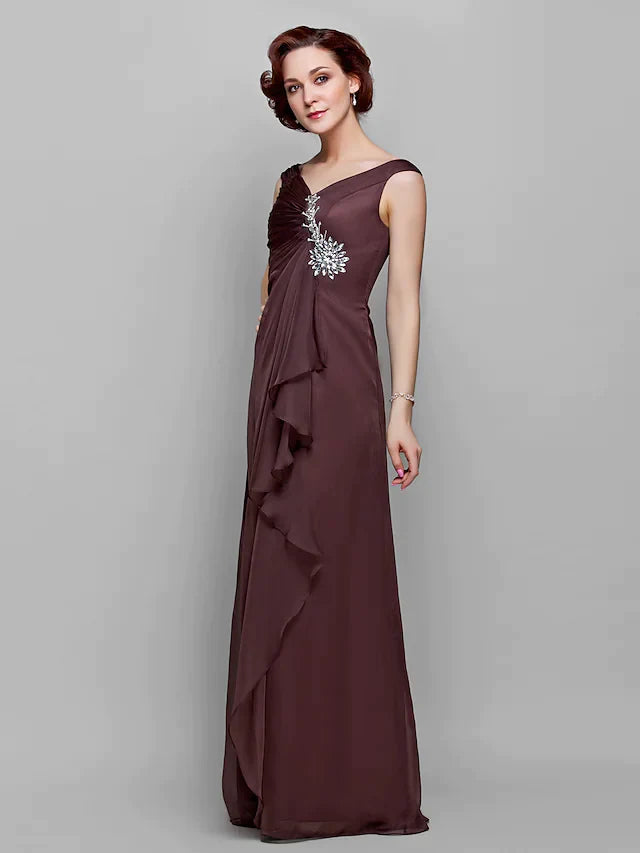 A-Line Mother of the Bride Dress Vintage Inspired V Neck Floor Length Chiffon Sleeveless with Crystals Ruffles Side Draping