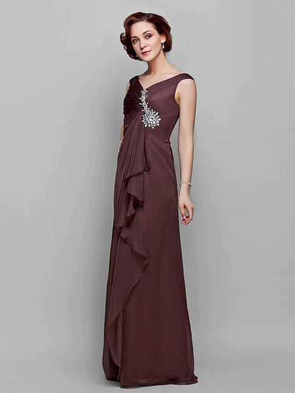 A-Line Mother of the Bride Dress Vintage Inspired V Neck Floor Length Chiffon Sleeveless with Crystals Ruffles Side Draping