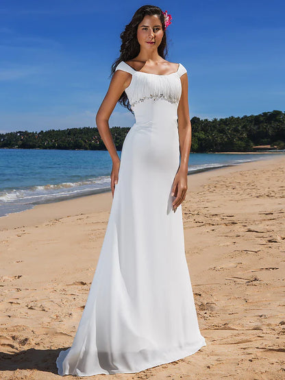 Wedding Dresses Scoop Neck Chiffon Cap Sleeve Beach Plus Size with Beading Draping Button