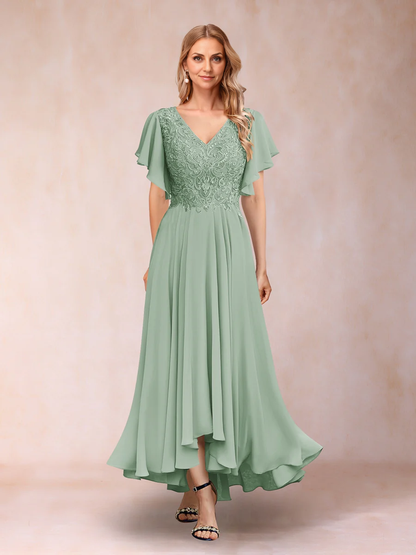 A-Line/Princess V-Neck Short Sleeves Long Evening Dresses Chiffon Mother of the Bride Dresse with Appliques