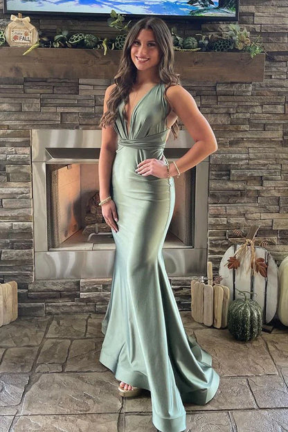 Sage Green Elegant V Neck Mermaid Backless Evening Dress Long Prom Dress