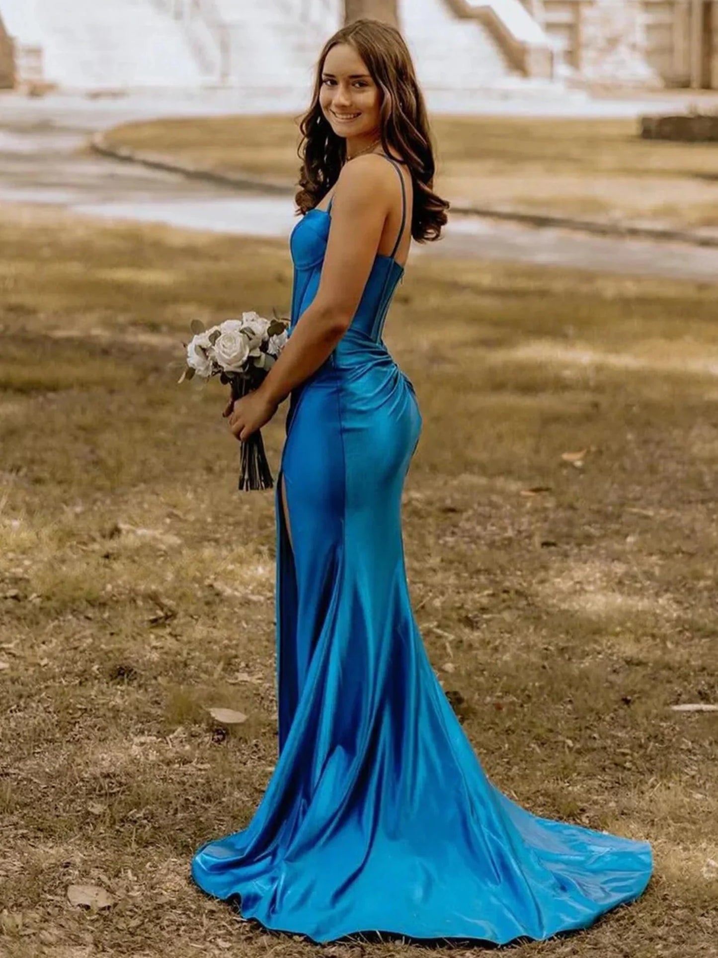 Satin Blue Corset Formal Wedding Guest Dresses Long Mermaid with slit