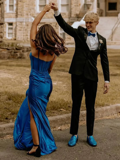 Satin Blue Corset Formal Wedding Guest Dresses Long Mermaid with slit