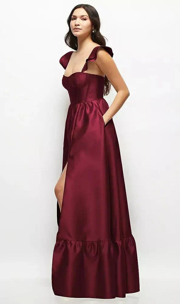 Satin Corset Maxi Dress with Ruffle Straps & Skirt in Cabernet