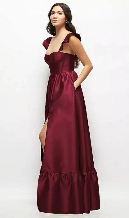 Satin Corset Maxi Dress with Ruffle Straps & Skirt in Cabernet