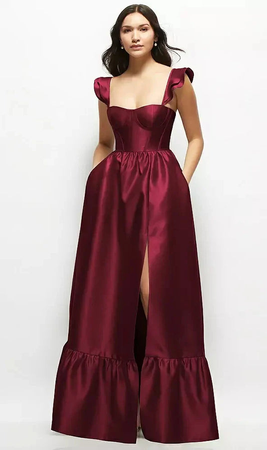 Satin Corset Maxi Dress with Ruffle Straps & Skirt in Cabernet