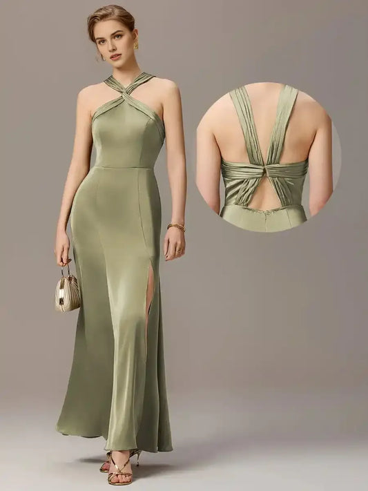 Satin Cross Halter Sleeveless Maxi Bridesmaid Dress