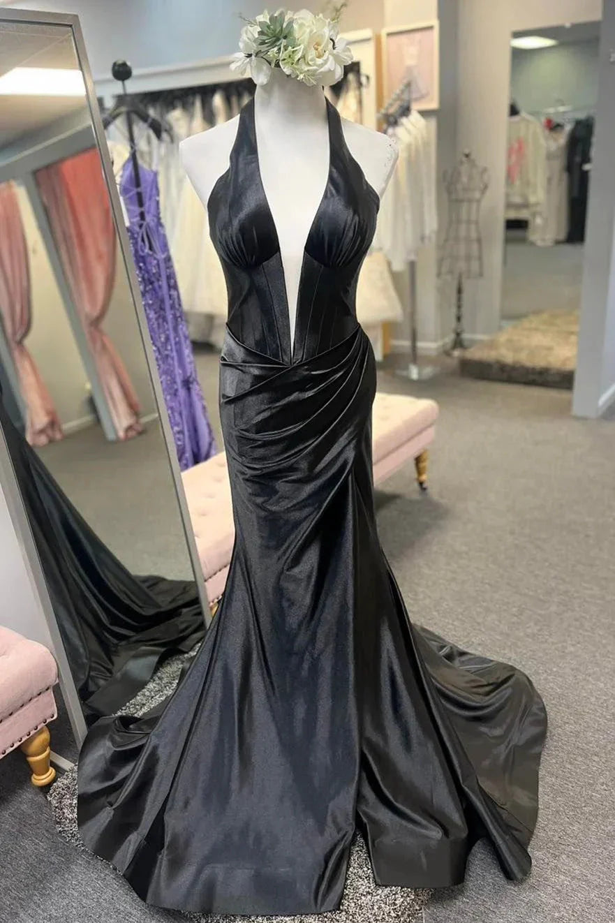 Satin Sage Green Prom Dress Mermaid Halter Wedding Guest Dress