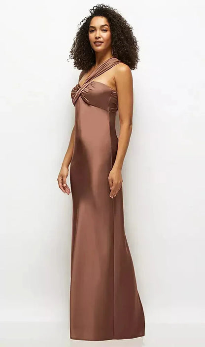 Satin Twist Bandeau One-Shoulder Bias Maxi Dress in Cognac