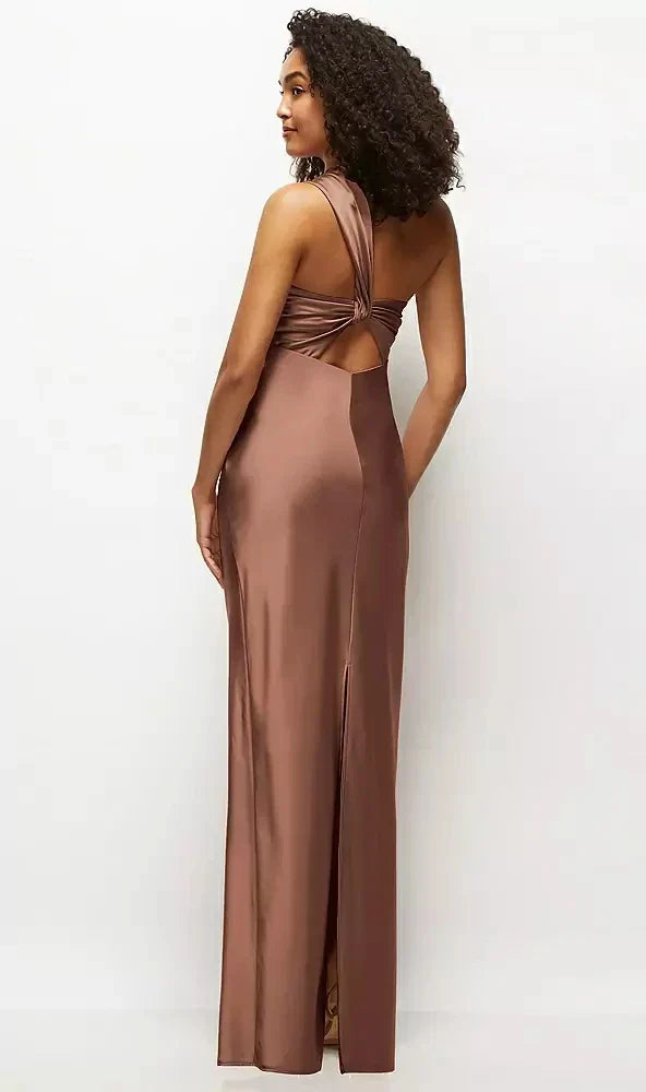 Satin Twist Bandeau One-Shoulder Bias Maxi Dress in Cognac