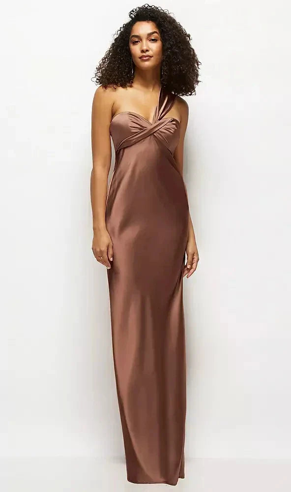 Satin Twist Bandeau One-Shoulder Bias Maxi Dress in Cognac