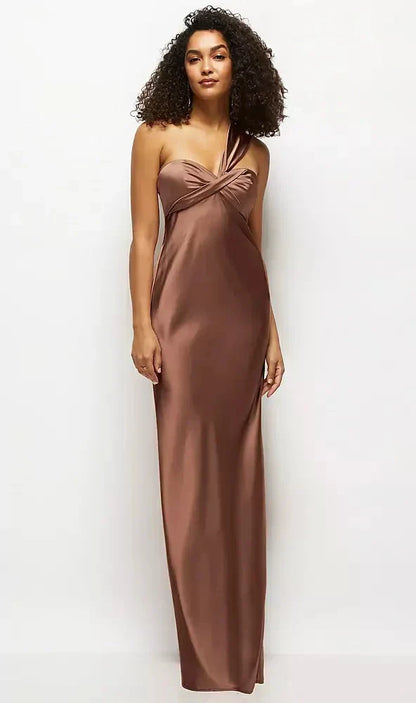 Satin Twist Bandeau One-Shoulder Bias Maxi Dress in Cognac
