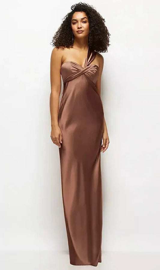 Satin Twist Bandeau One-Shoulder Bias Maxi Dress in Cognac