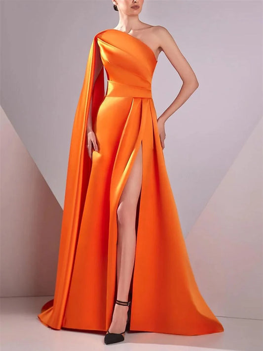 Dressesgowns Evening Dresses A-Line/Princess Satin One Shoulder Sleeveless Floor-Length Ruched Evening Dresses Formal Women's Dresses