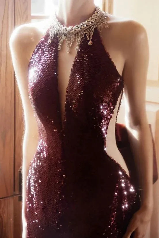 Elegant Halter-Neck Sequin Mermaid Burgundy Floor-Length Prom Dress for Women