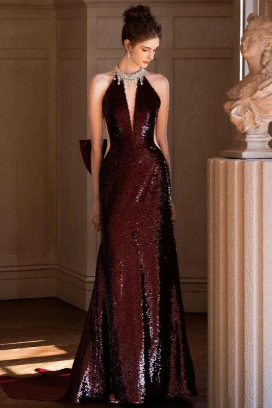 Saxy Mermaid Halter-Neck Cutout Sequin Burgundy Floor-Length Prom Dress With Bow