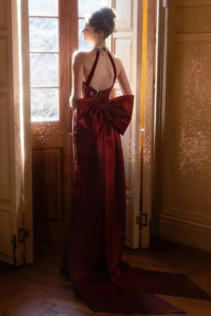 Elegant Halter-Neck Sequin Mermaid Burgundy Floor-Length Prom Dress for Women