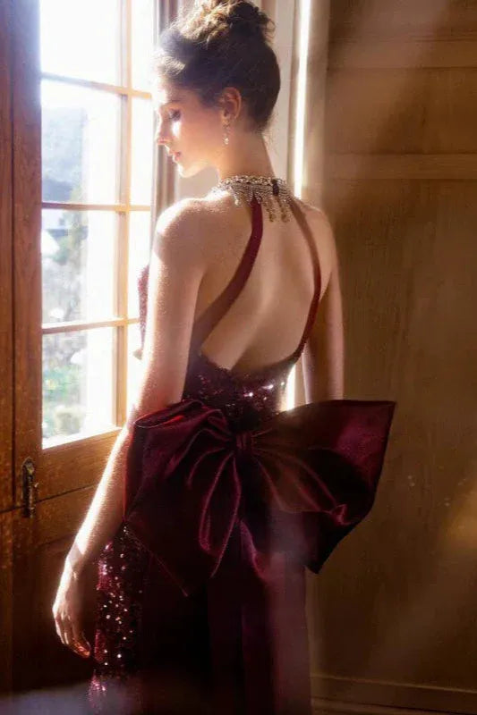 Elegant Halter-Neck Sequin Mermaid Burgundy Floor-Length Prom Dress for Women