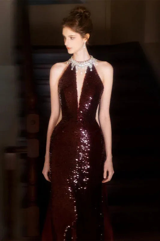 Elegant Halter-Neck Sequin Mermaid Burgundy Floor-Length Prom Dress for Women