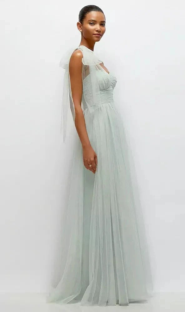 Scarf Tie One-Shoulder Tulle Maxi Dress with Full Skirt in Willow Green