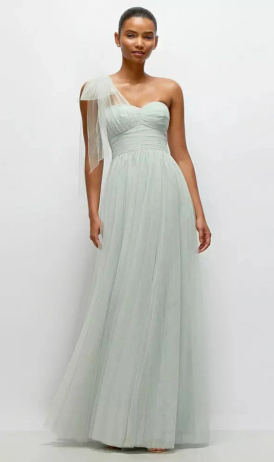 Scarf Tie One-Shoulder Tulle Maxi Dress with Full Skirt in Willow Green