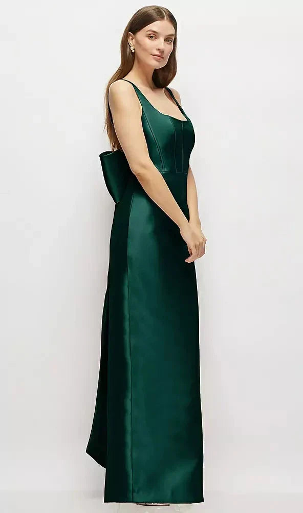 Scoop Neck Corset Satin Maxi Dress with Floor-Length Bow Tails in Evergreen