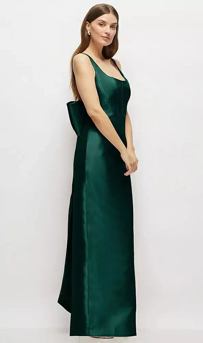 Scoop Neck Corset Satin Maxi Dress with Floor-Length Bow Tails in Evergreen