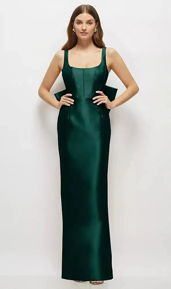 Scoop Neck Corset Satin Maxi Dress with Floor-Length Bow Tails in Evergreen