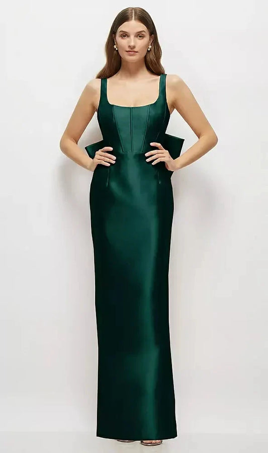 Scoop Neck Corset Satin Maxi Dress with Floor-Length Bow Tails in Evergreen