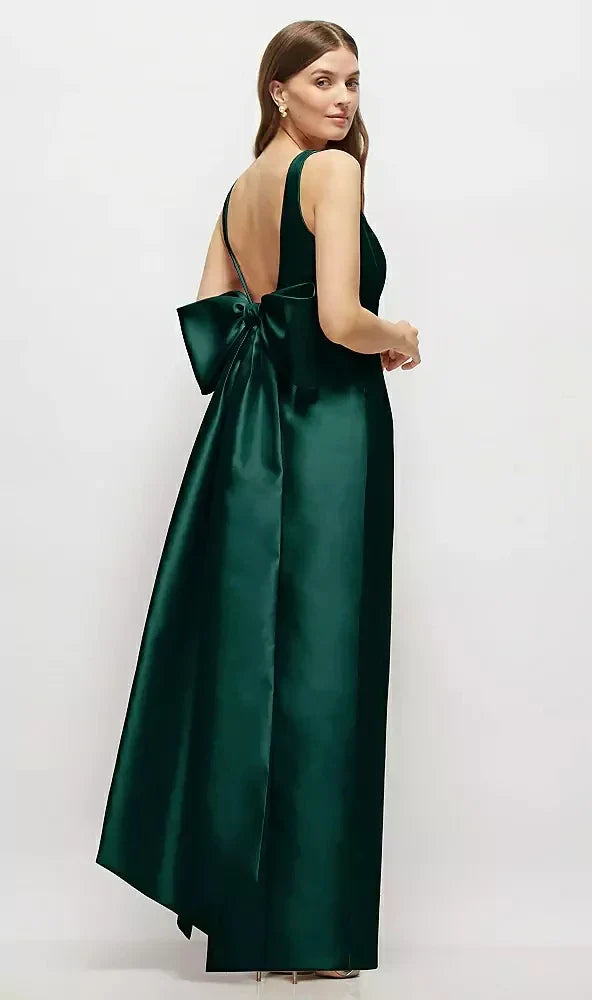 Scoop Neck Corset Satin Maxi Dress with Floor-Length Bow Tails in Evergreen