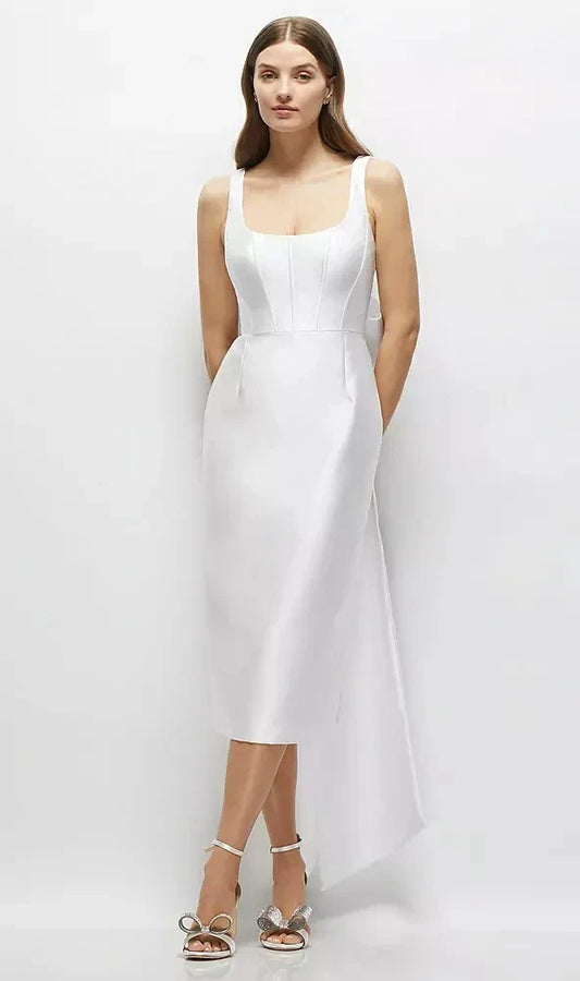 Scoop Neck Corset Satin Midi Dress with Floor-Length Bow Tails in White