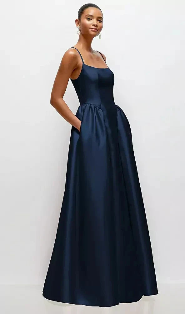 Scoop Neck Drop Basque Skirt Satin Maxi Dress with Pockets in Midnight Navy
