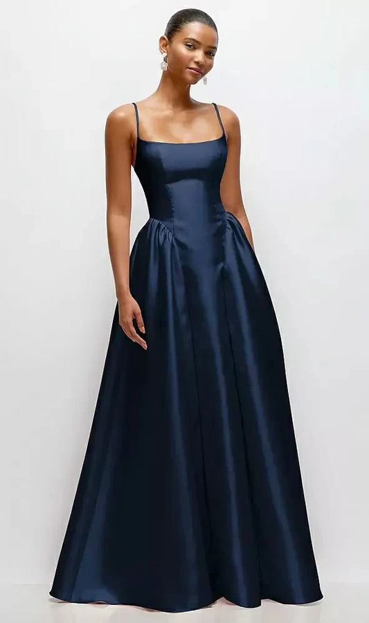 Scoop Neck Drop Basque Skirt Satin Maxi Dress with Pockets in Midnight Navy
