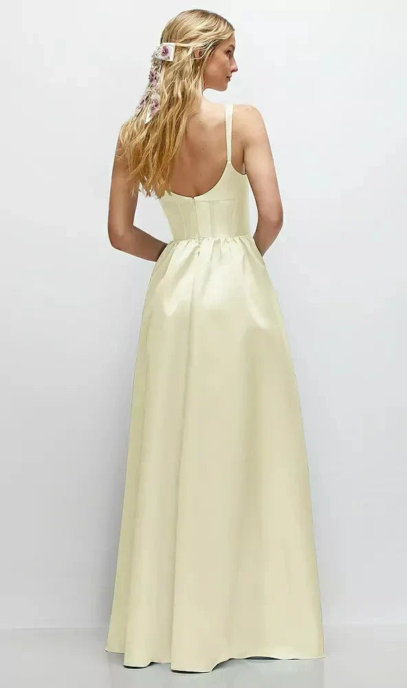 Scoop Neck Inset Corset Satin Maxi Dress with Pockets in Butter Yellow