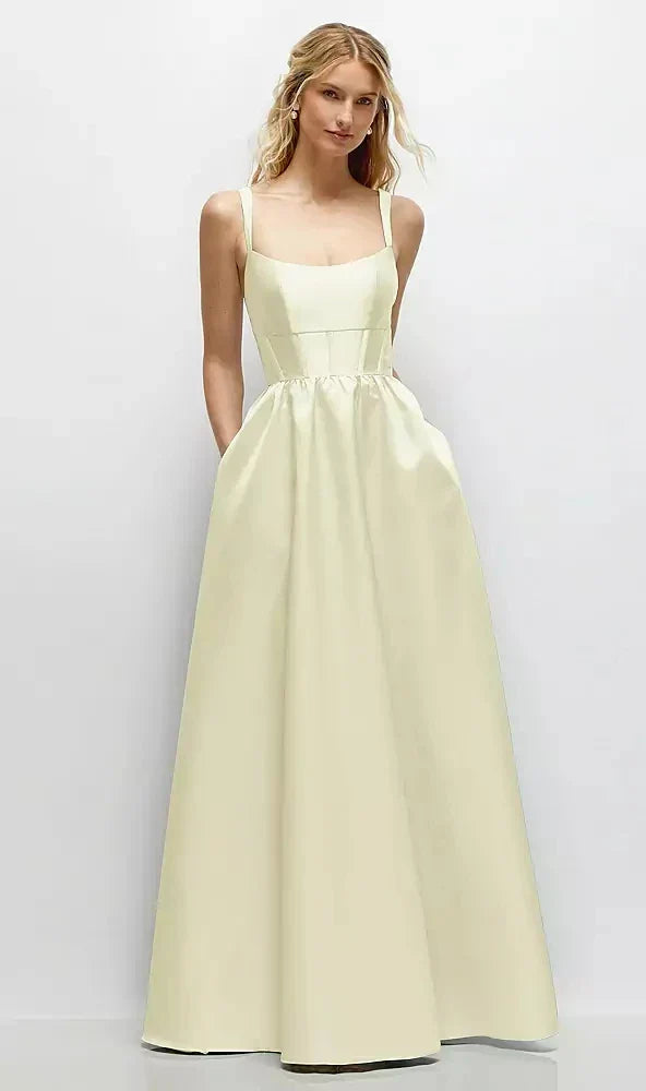 Scoop Neck Inset Corset Satin Maxi Dress with Pockets in Butter Yellow