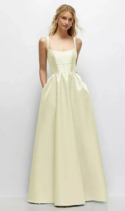 Scoop Neck Inset Corset Satin Maxi Dress with Pockets in Butter Yellow