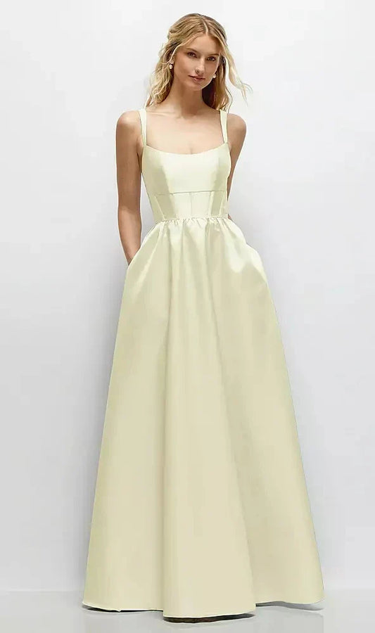 Scoop Neck Inset Corset Satin Maxi Dress with Pockets in Butter Yellow