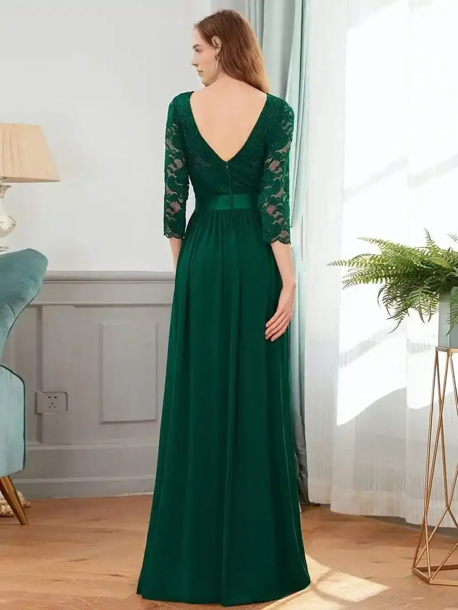 See-Through Floor Length Lace Chiffon Evening Dress with Half Sleeve Mother Of The Bride Dresses