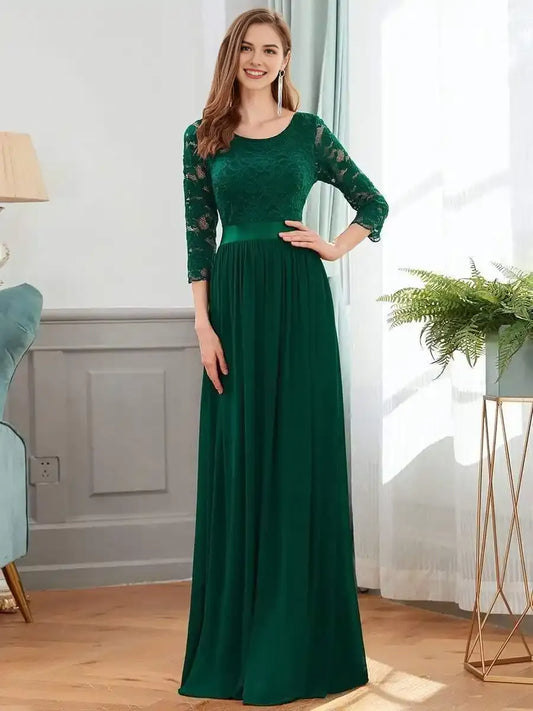 See-Through Floor Length Lace Chiffon Evening Dress with Half Sleeve Mother Of The Bride Dresses