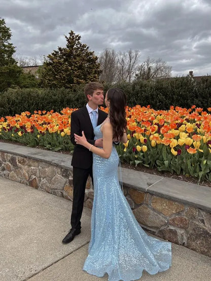 Sequin-Embellished Tulle Floor-Length Evening Dress Light Blue Deep-V Sleeveless for Women