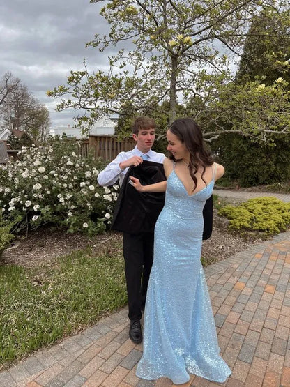 Sequin-Embellished Tulle Floor-Length Evening Dress Light Blue Deep-V Sleeveless for Women