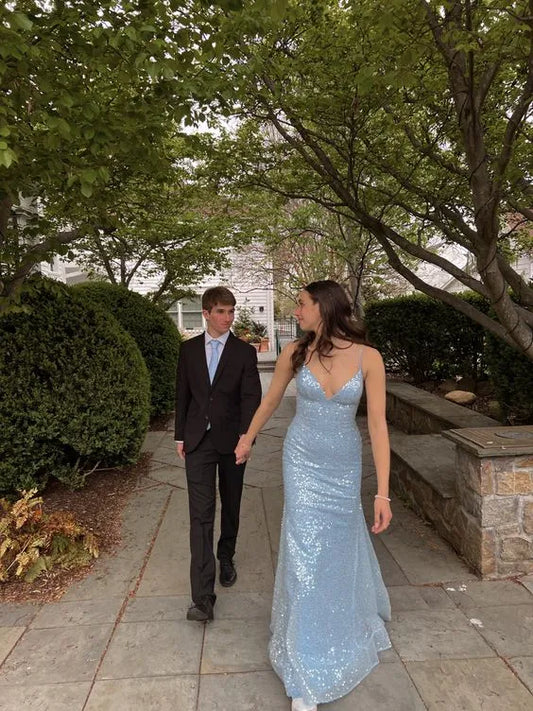 Sequin-Embellished Tulle Floor-Length Evening Dress Light Blue Deep-V Sleeveless for Women