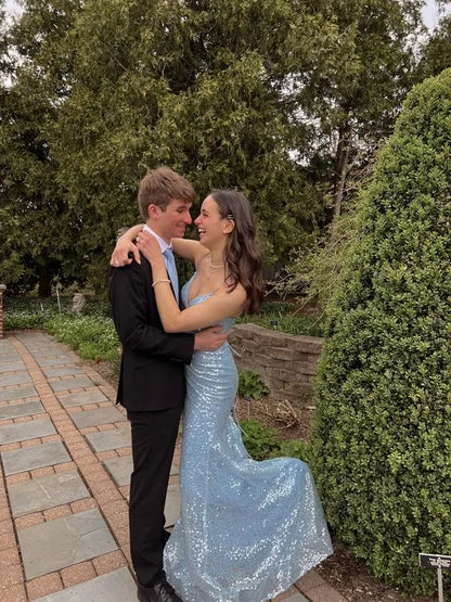 Sequin-Embellished Tulle Floor-Length Evening Dress Light Blue Deep-V Sleeveless for Women