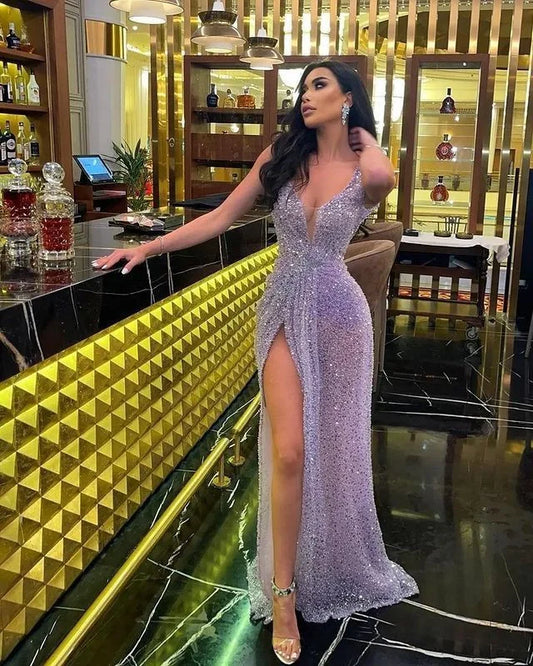 Sparkling Sequin A-line Deep V-neck Sleeveless Open-back Floor-length Evening Gown