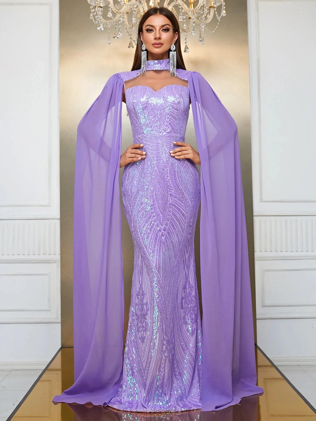 Sequin Halter Neck Sleeves Formal Dress