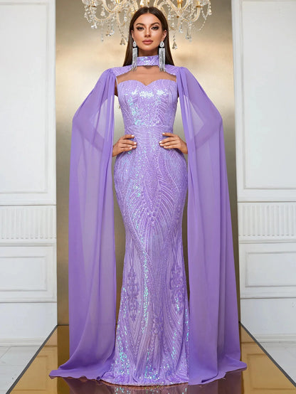 Sequin Halter Neck Sleeves Formal Dress