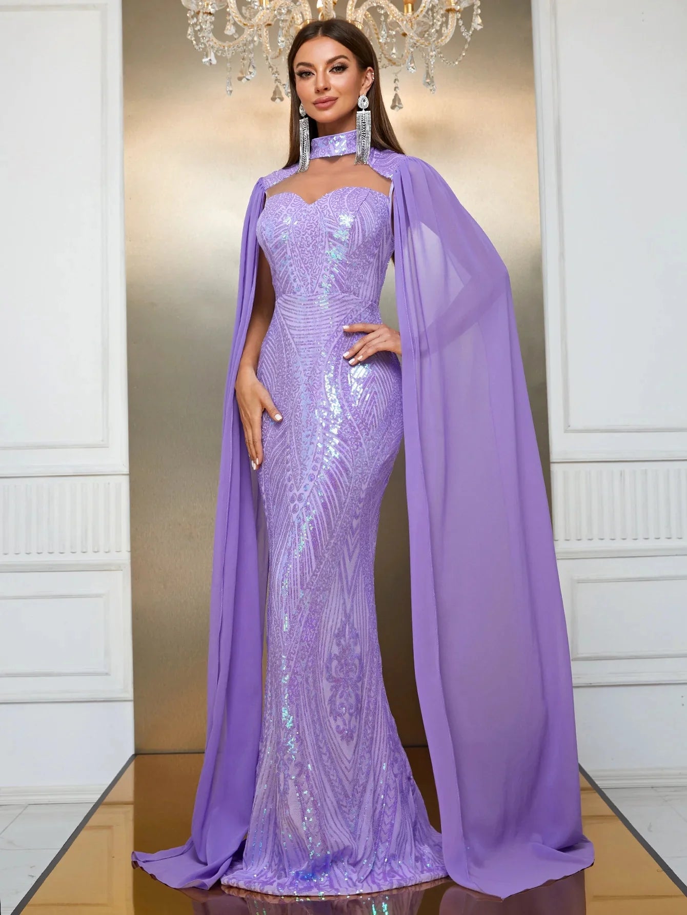 Sequin Halter Neck Sleeves Formal Dress