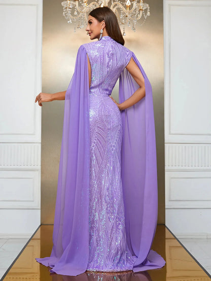 Sequin Halter Neck Sleeves Formal Dress