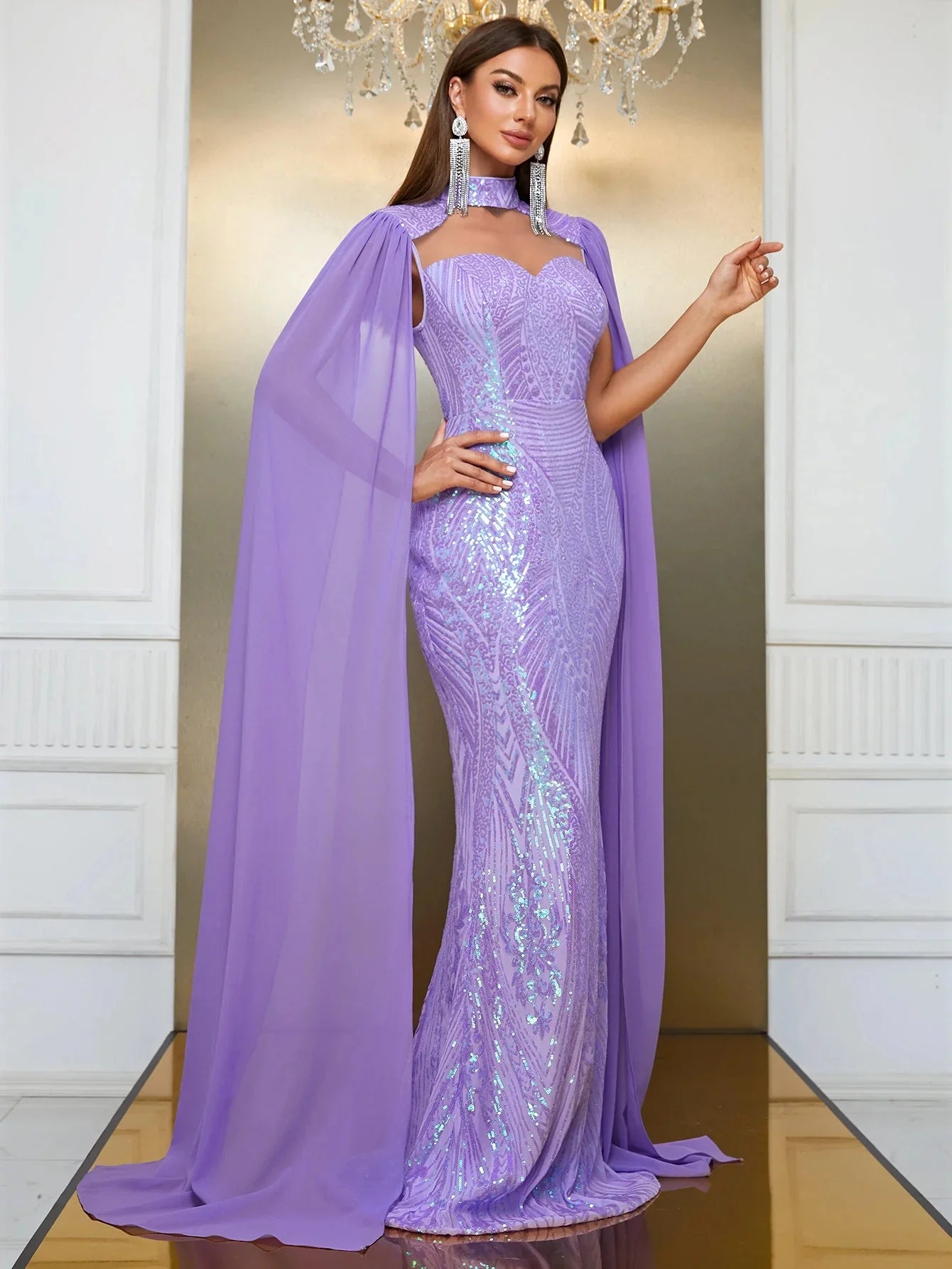 Sequin Halter Neck Sleeves Formal Dress